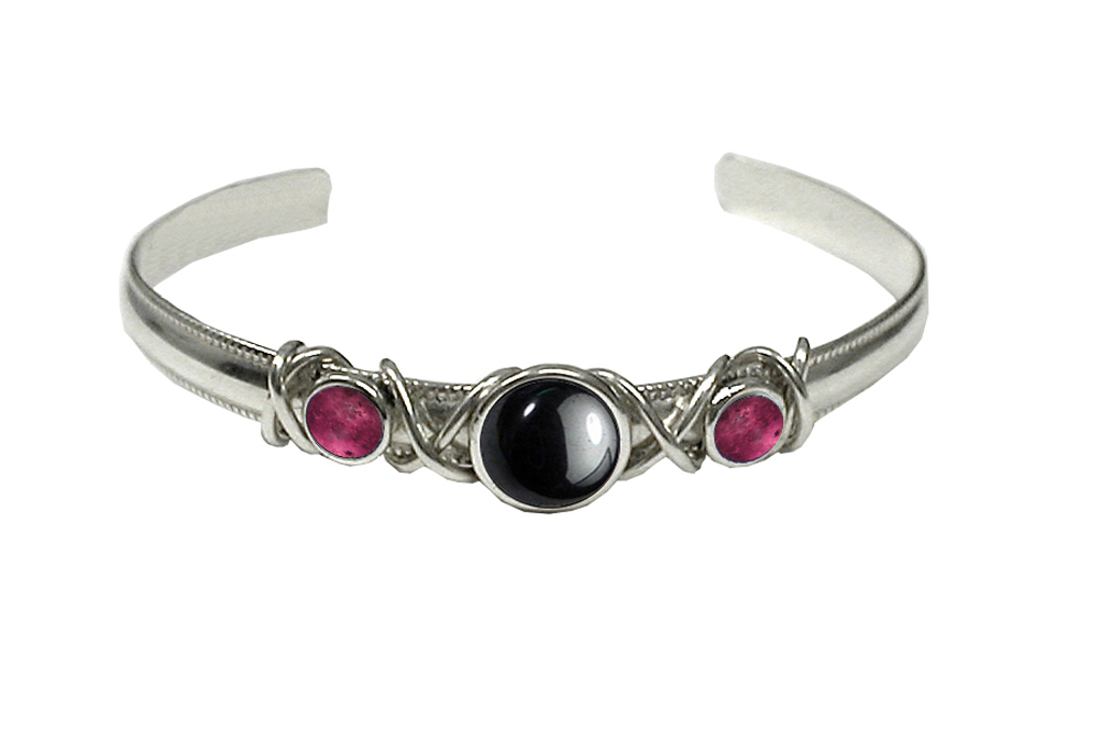 Sterling Silver Hand Made Cuff Bracelet With Hematite And Pink Tourmaline